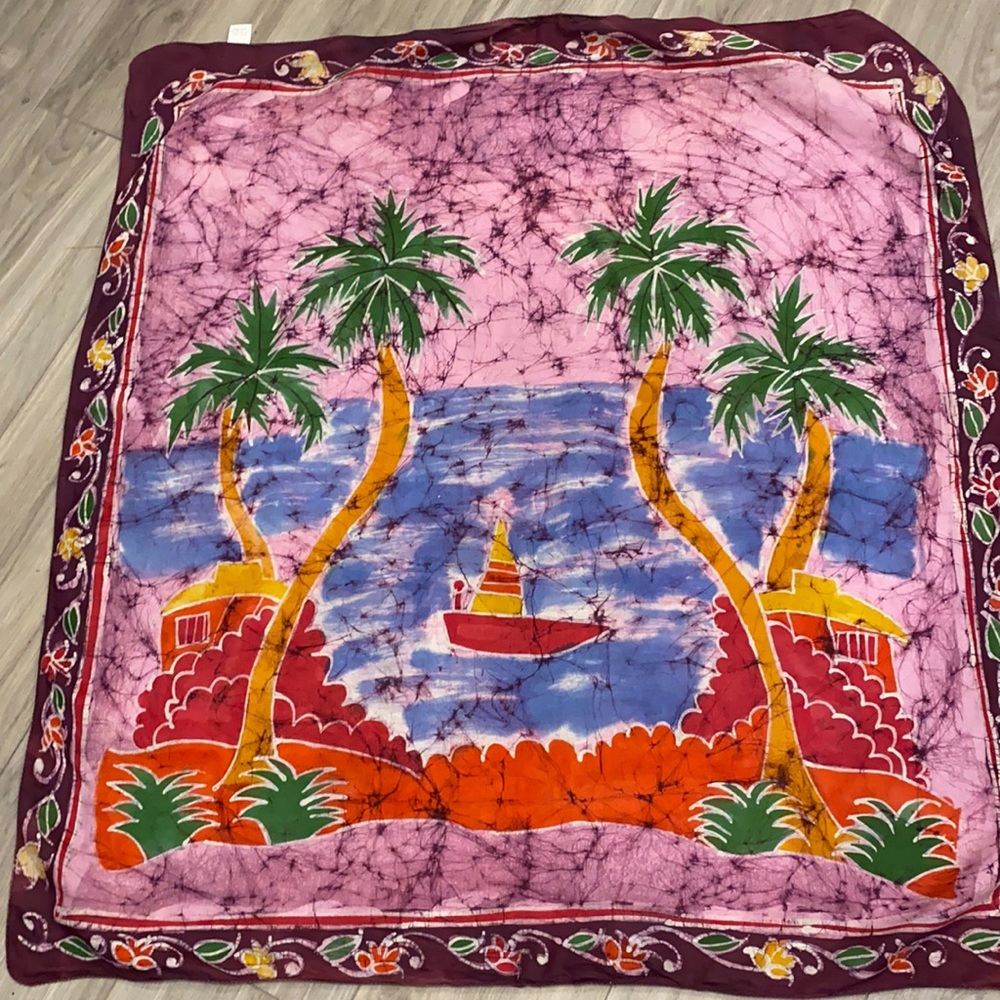 Batik style scarf throw wall hanging 42 in square palm trees water sailboat